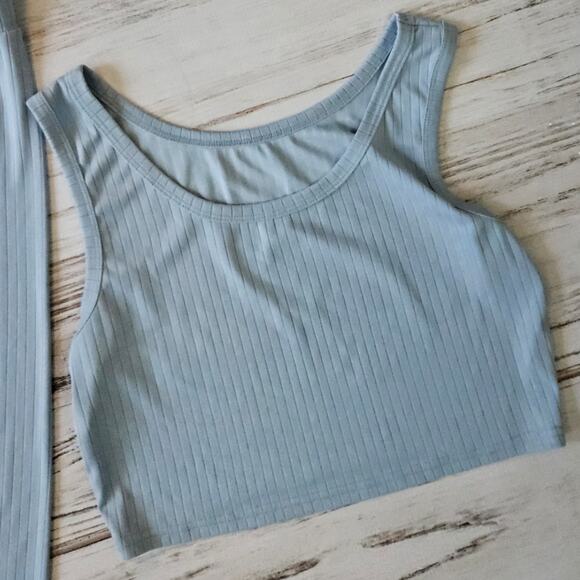 Shein 3 piece blue lounge set, pants, crop top and duster sz L - Picture 2 of 3